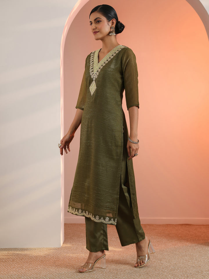Olive Embroidered Chiffon Straight Suit Set With Dupatta