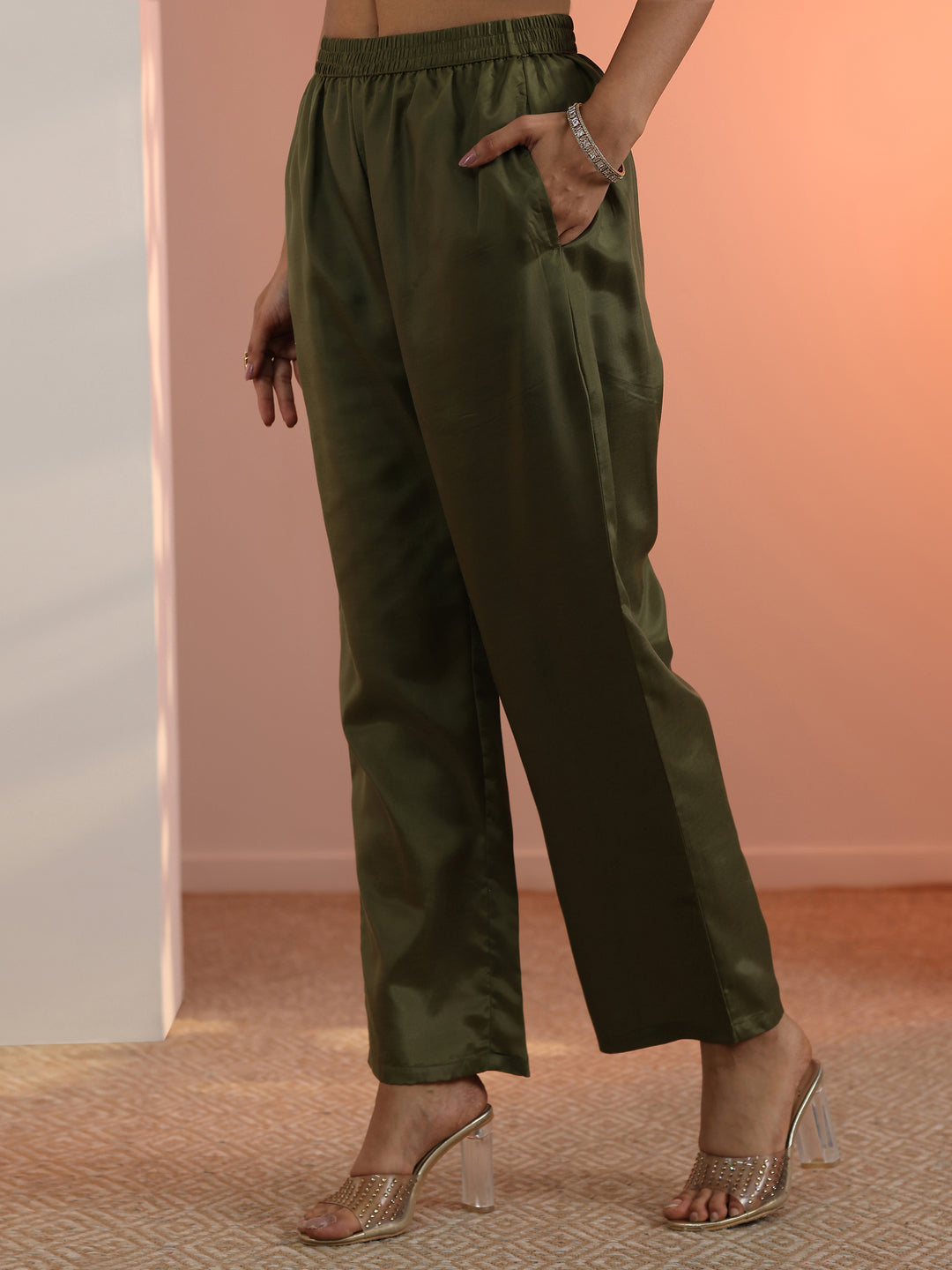 Olive Embroidered Chiffon Straight Suit Set With Dupatta