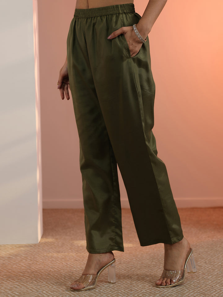 Olive Embroidered Chiffon Straight Suit Set With Dupatta