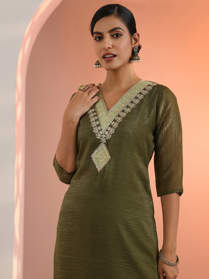 Olive Embroidered Chiffon Straight Suit Set With Dupatta