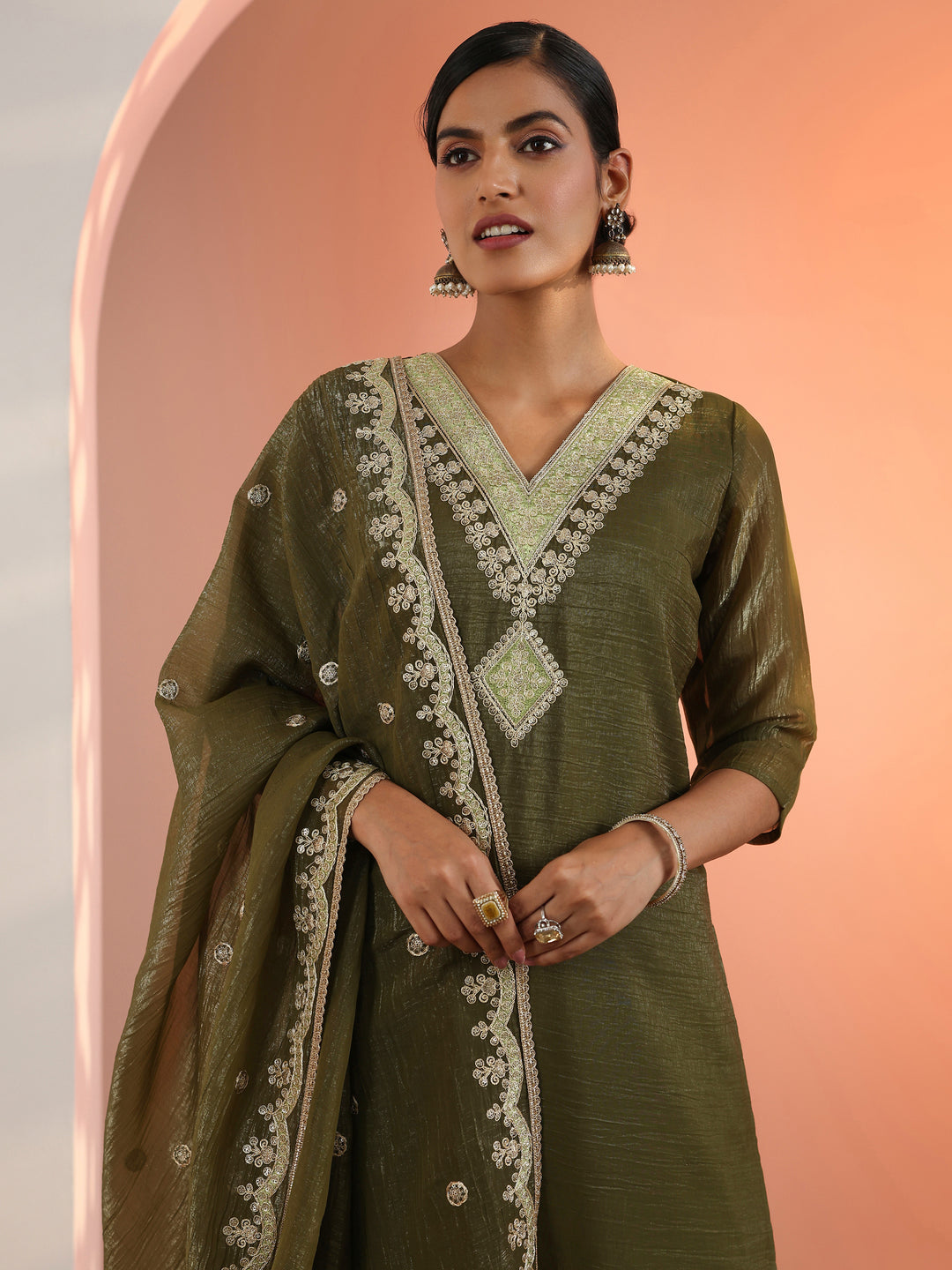 Olive Embroidered Chiffon Straight Suit Set With Dupatta