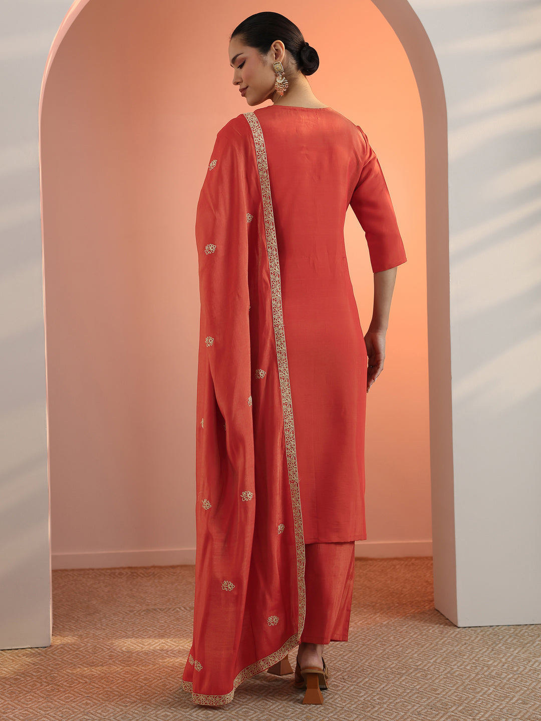 Rust Embroidered Silk Blend Straight Suit Set With Dupatta