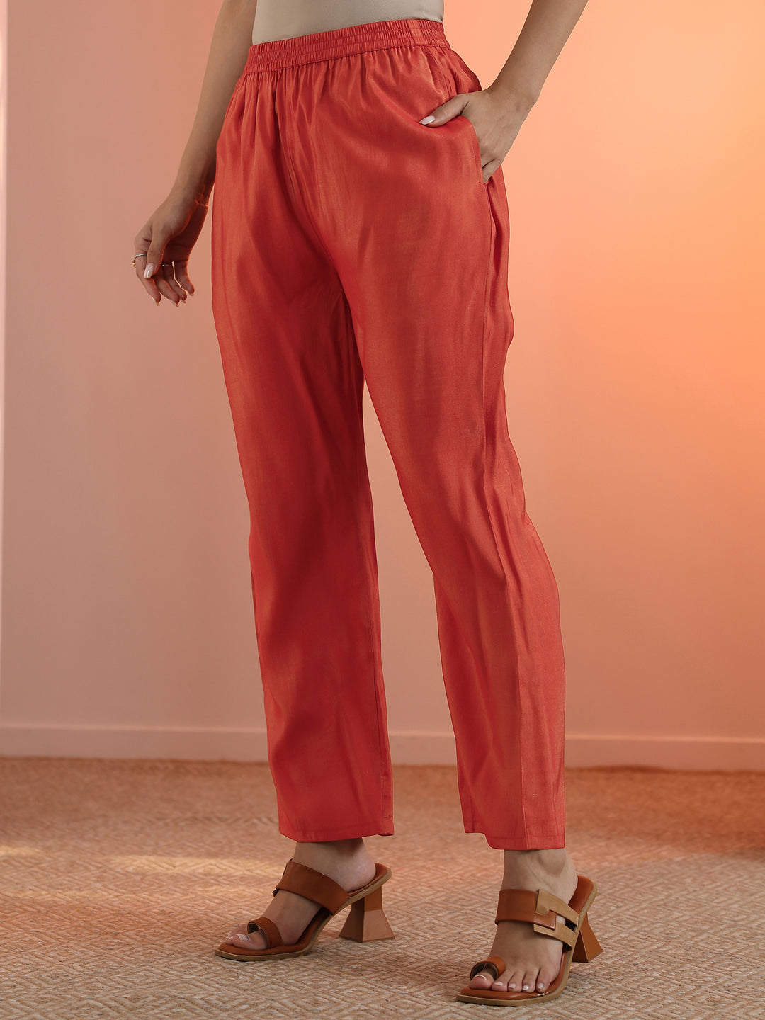 Rust Embroidered Silk Blend Straight Suit Set With Dupatta