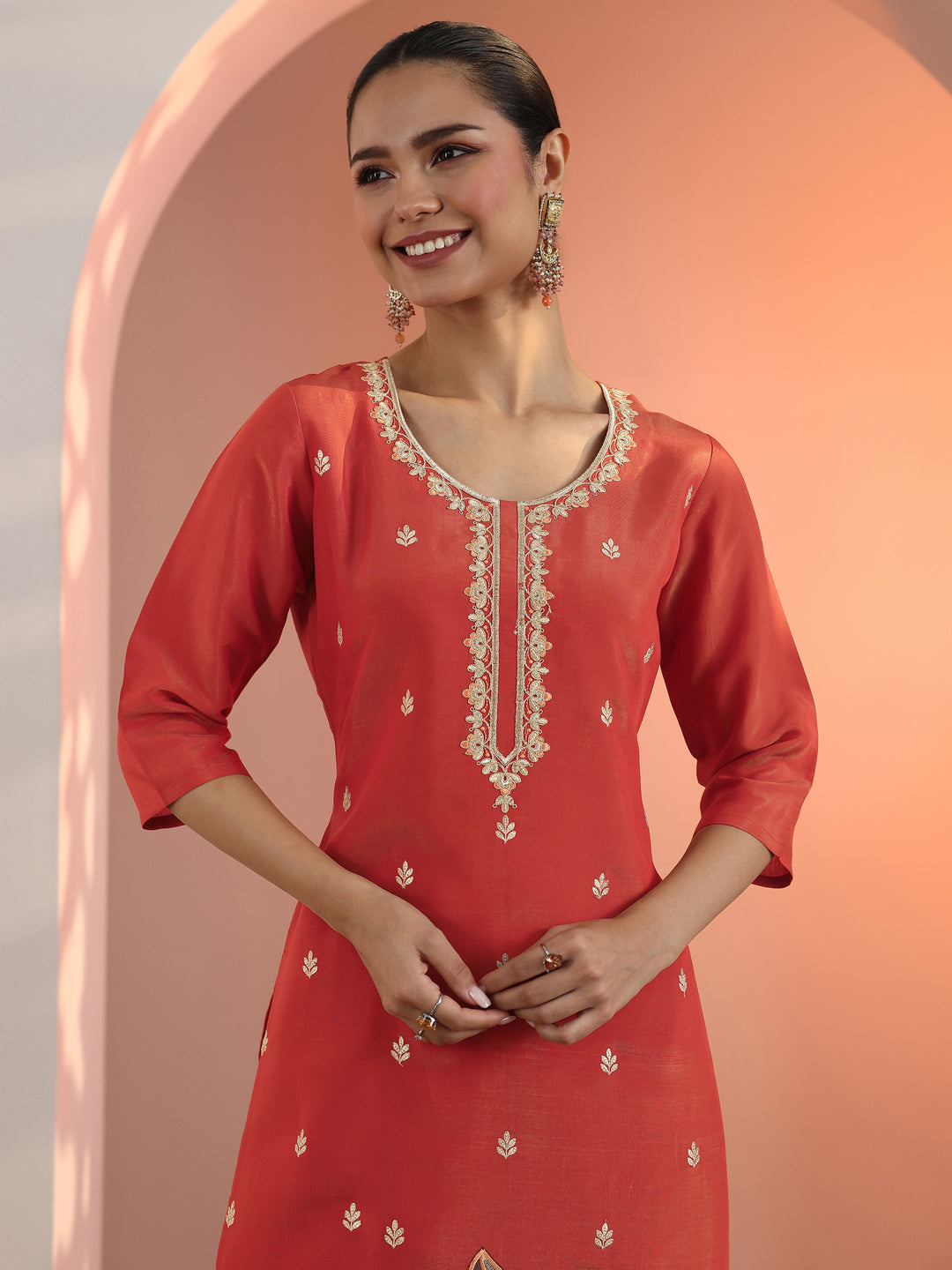 Rust Embroidered Silk Blend Straight Suit Set With Dupatta