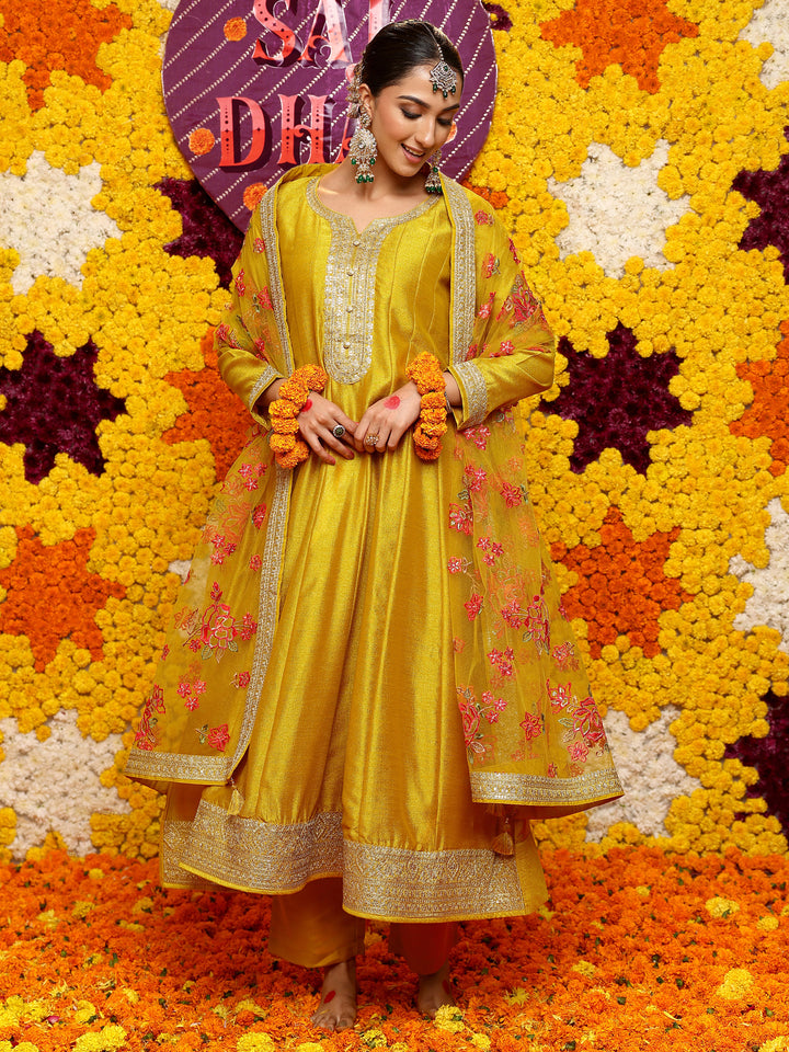 Libas Art Mustard Embroidered Silk Blend Anarkali Suit Set With Dupatta