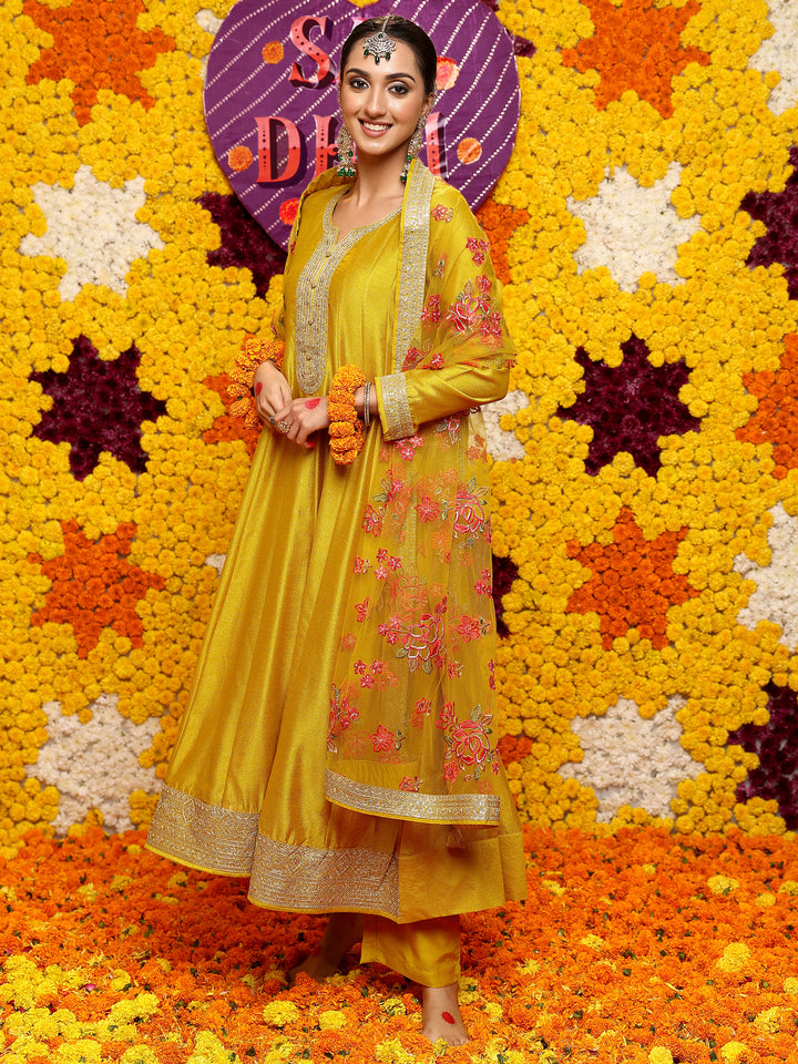 Libas Art Mustard Embroidered Silk Blend Anarkali Suit Set With Dupatta