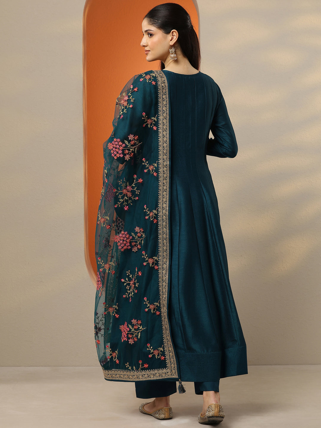 Libas Art Blue Embroidered Silk Blend Anarkali Suit Set With Dupatta