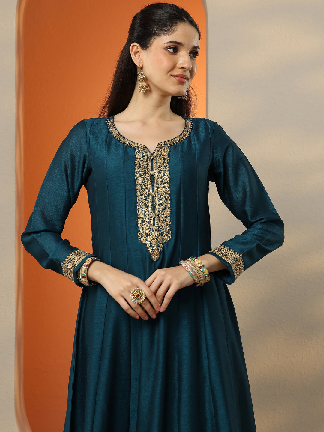 Libas Art Blue Embroidered Silk Blend Anarkali Suit Set With Dupatta