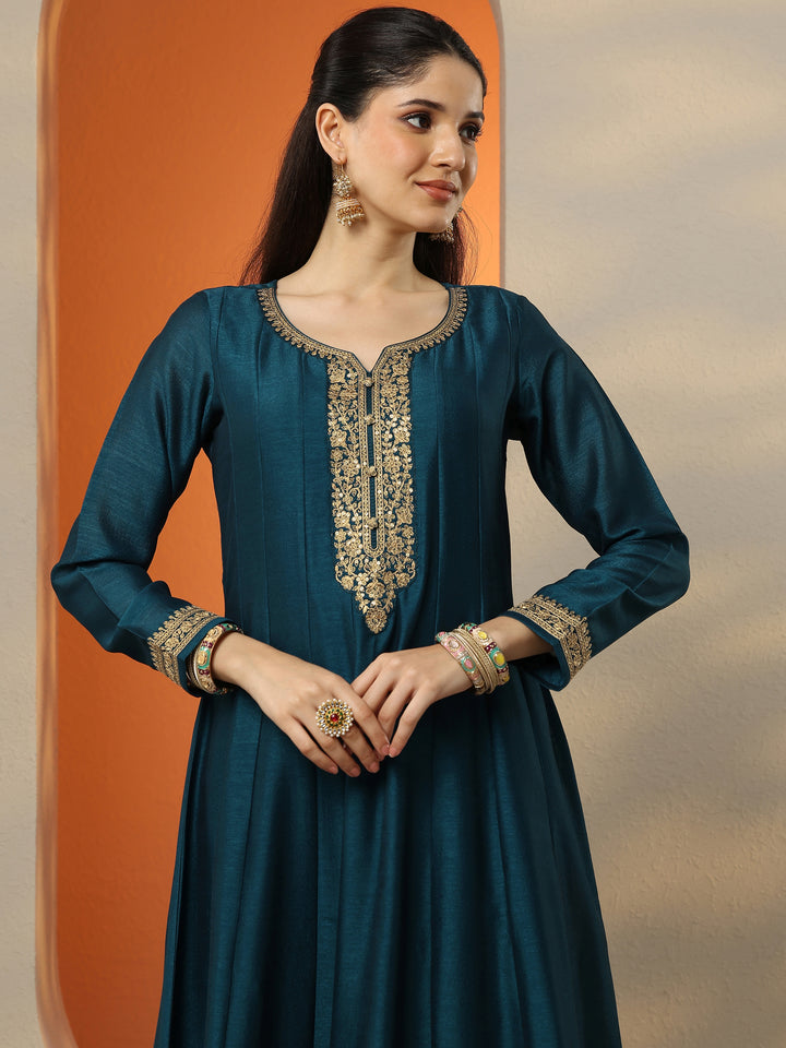 Libas Art Blue Embroidered Silk Blend Anarkali Suit Set With Dupatta