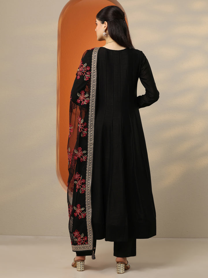 Libas Art Black Embroidered Silk Blend Anarkali Suit Set With Dupatta