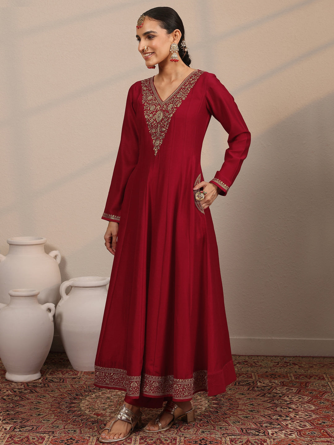 Libas Art Red Yoke Design Silk Blend Anarkali Suit Set With Dupatta