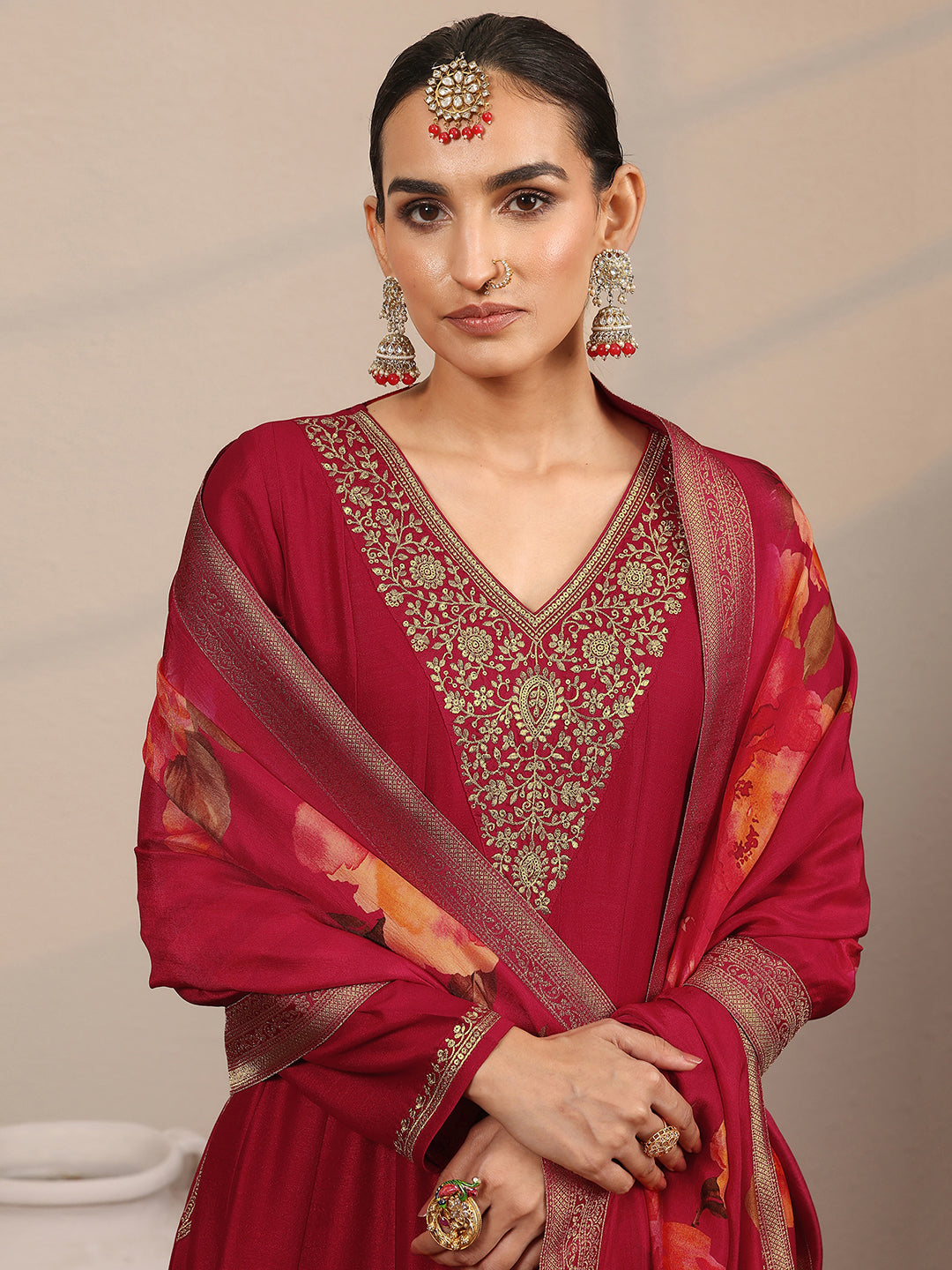Libas Art Red Yoke Design Silk Blend Anarkali Suit Set With Dupatta