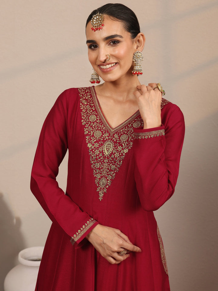 Libas Art Red Yoke Design Silk Blend Anarkali Suit Set With Dupatta
