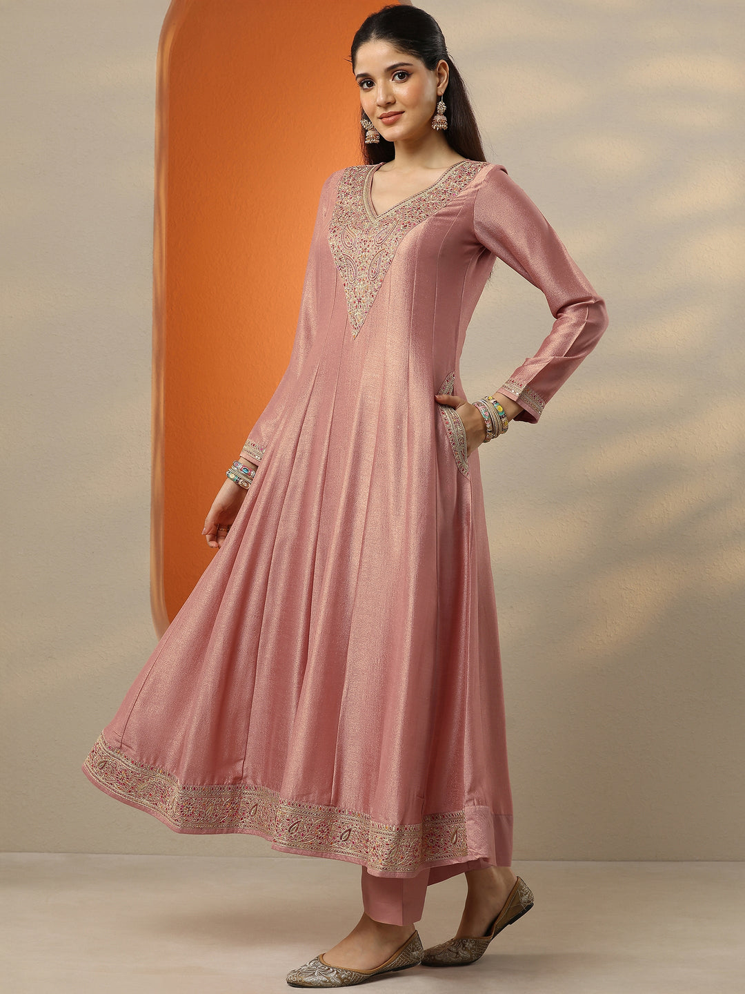 Peach Embroidered Silk Blend Anarkali Suit Set With Dupatta