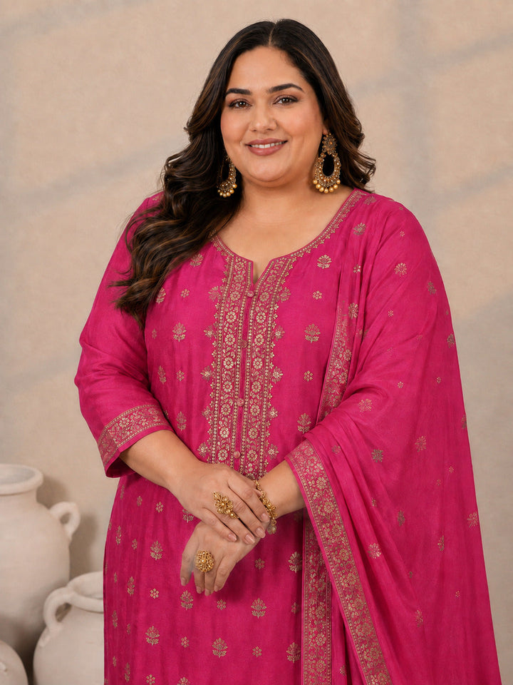 Plus Size Pink Woven Design Silk Blend Straight Suit Set With Dupatta