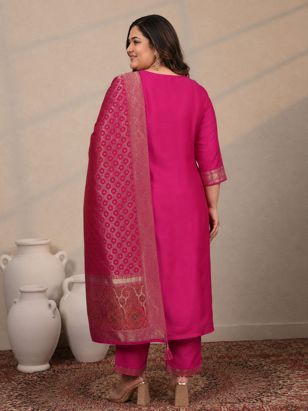 Plus Size Pink Woven Design Silk Blend Straight Suit Set With Dupatta