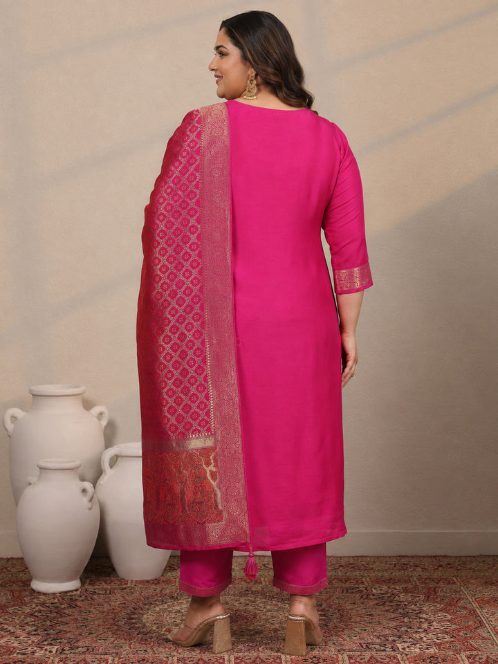 Plus Size Pink Woven Design Silk Blend Straight Suit Set With Dupatta