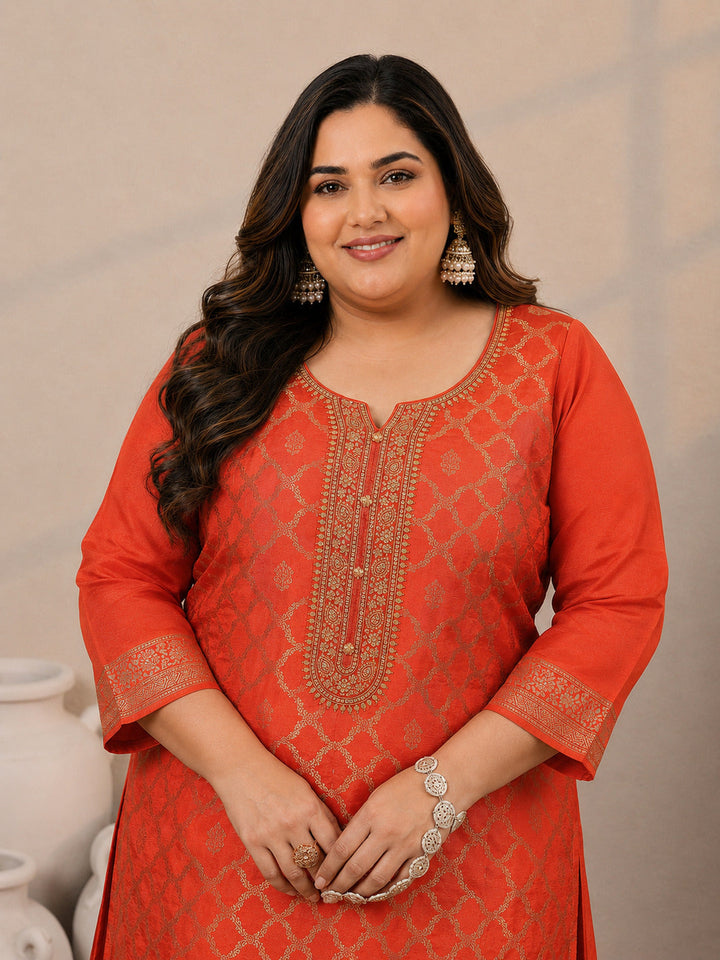 Plus Size Orange Woven Design Silk Blend Straight Suit Set With Dupatta