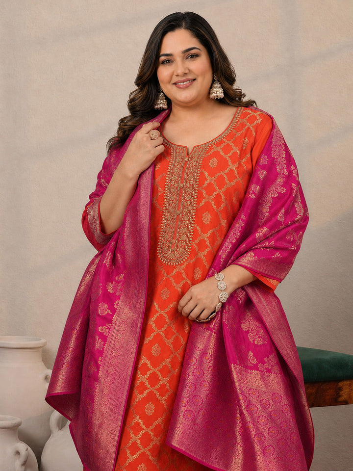 Plus Size Orange Woven Design Silk Blend Straight Suit Set With Dupatta