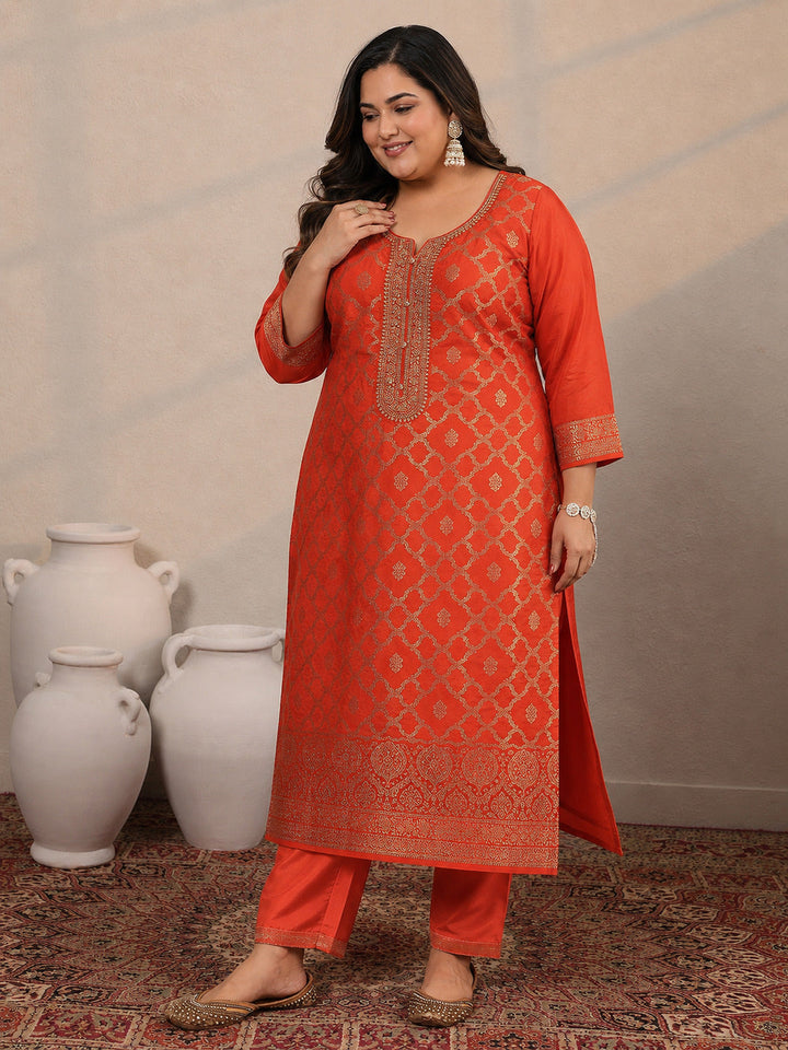 Plus Size Orange Woven Design Silk Blend Straight Suit Set With Dupatta