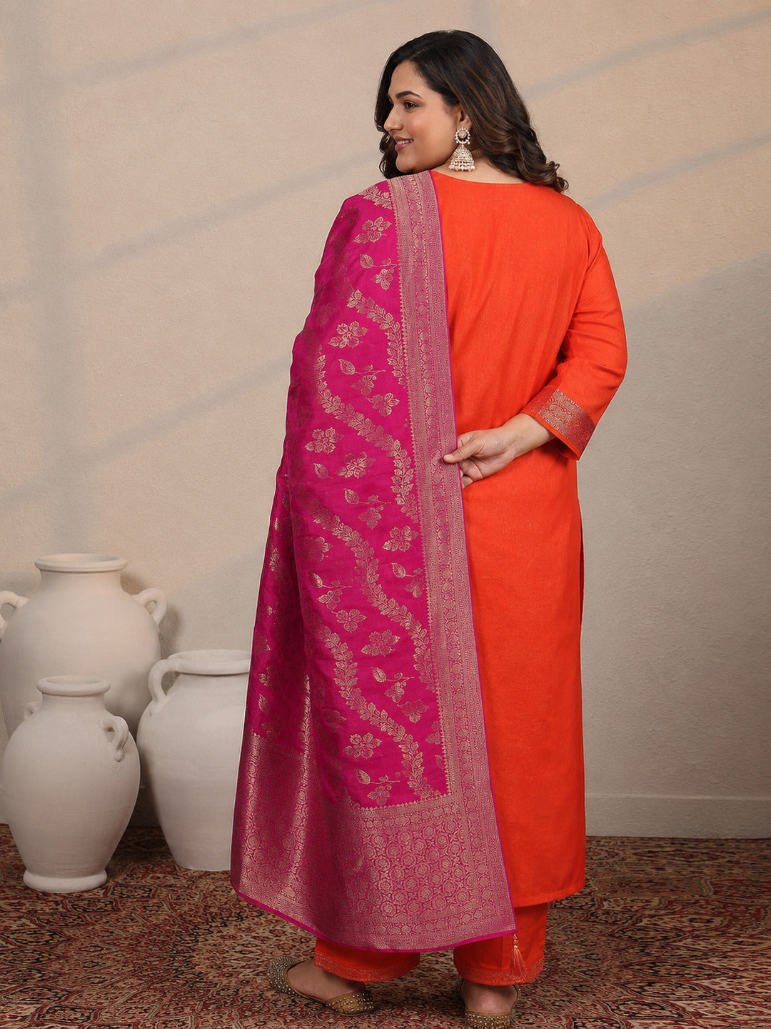 Plus Size Orange Woven Design Silk Blend Straight Suit Set With Dupatta