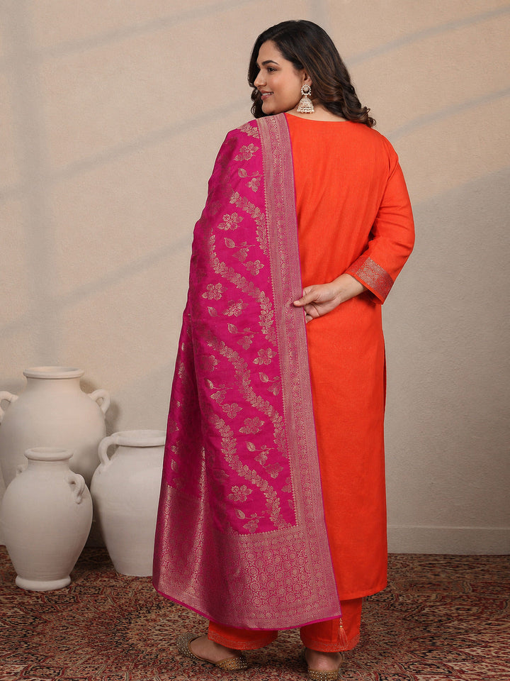 Plus Size Orange Woven Design Silk Blend Straight Suit Set With Dupatta
