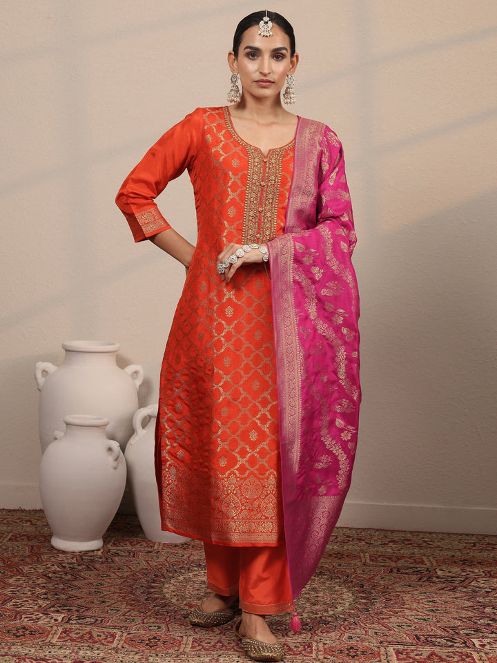Libas Art Orange Woven Design Silk Blend Straight Suit Set With Dupatta