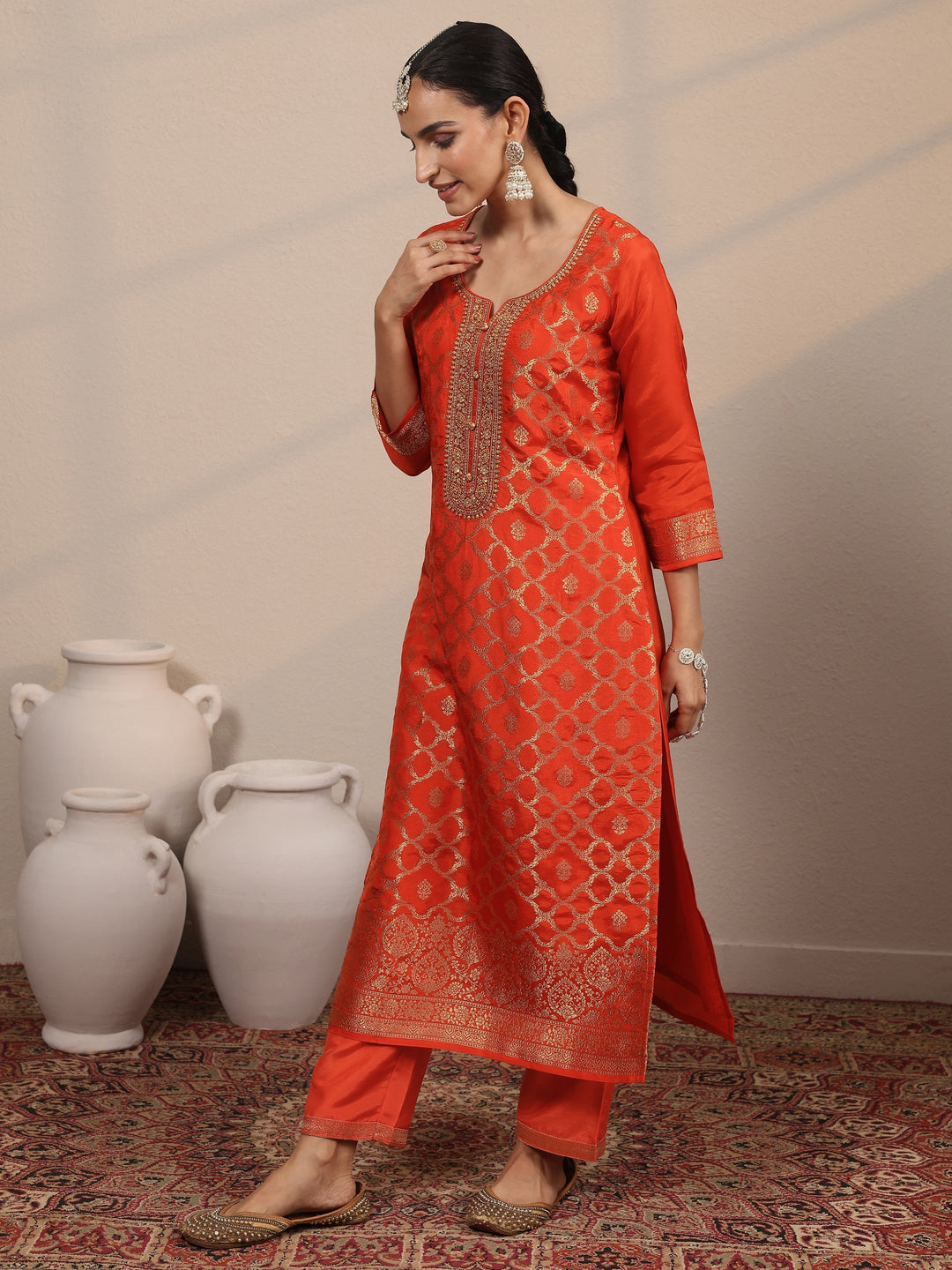 Libas Art Orange Woven Design Silk Blend Straight Suit Set With Dupatta