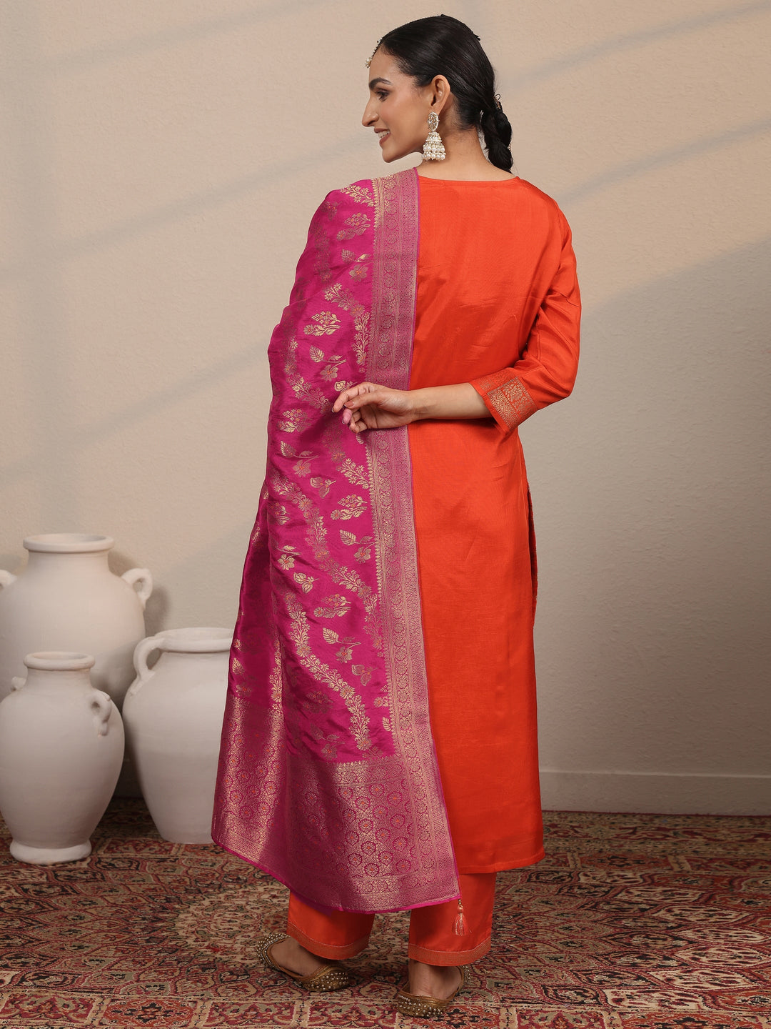Libas Art Orange Woven Design Silk Blend Straight Suit Set With Dupatta