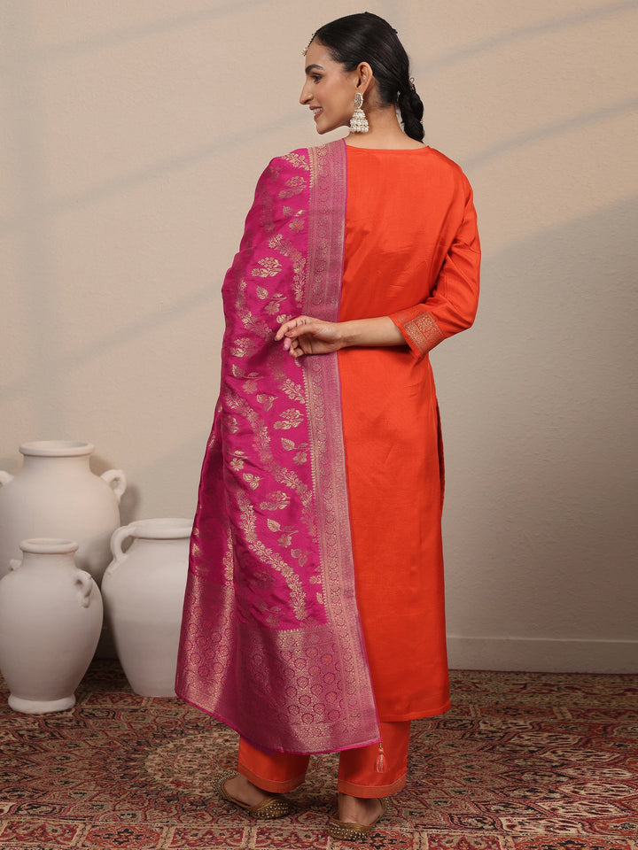 Libas Art Orange Woven Design Silk Blend Straight Suit Set With Dupatta