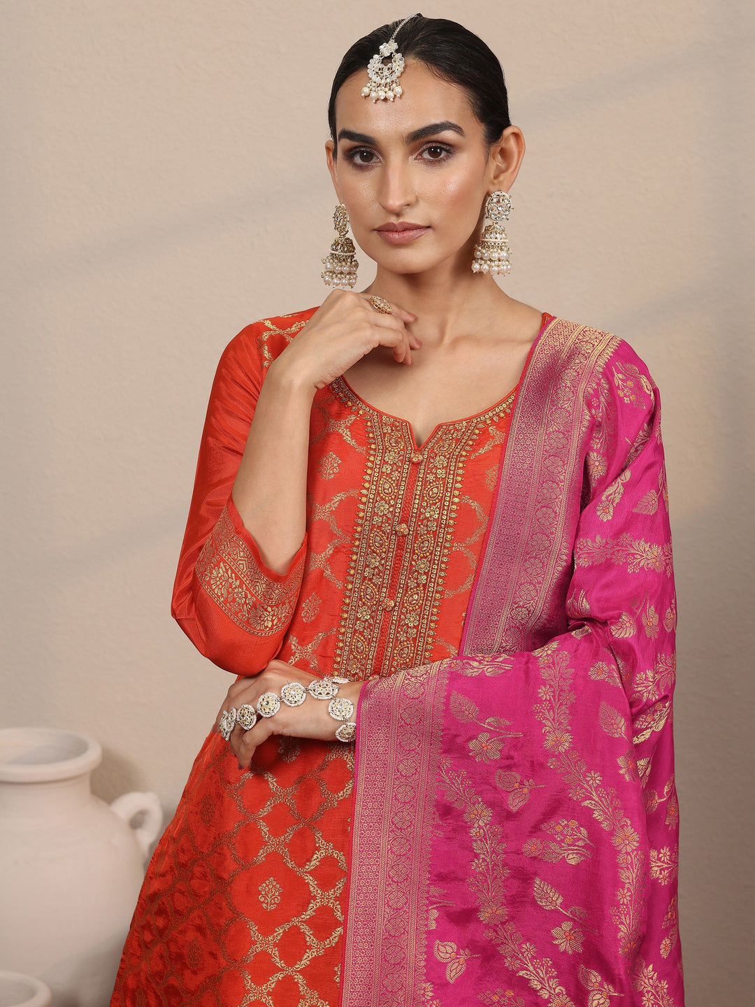 Libas Art Orange Woven Design Silk Blend Straight Suit Set With Dupatta