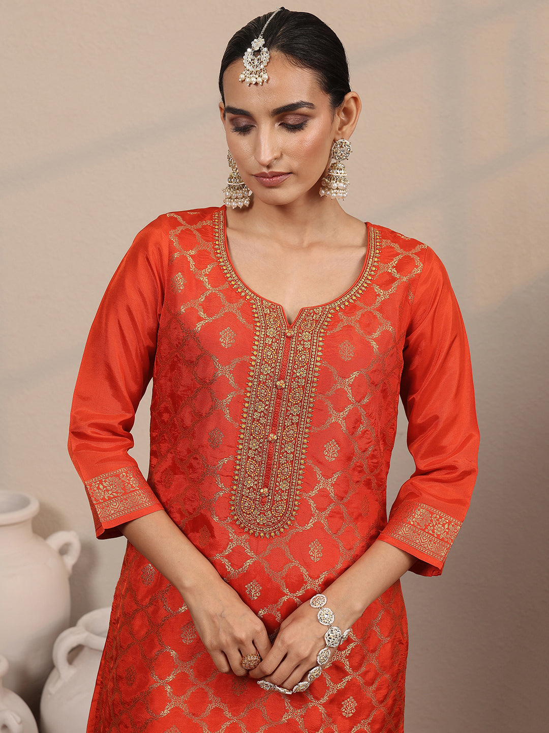 Libas Art Orange Woven Design Silk Blend Straight Suit Set With Dupatta