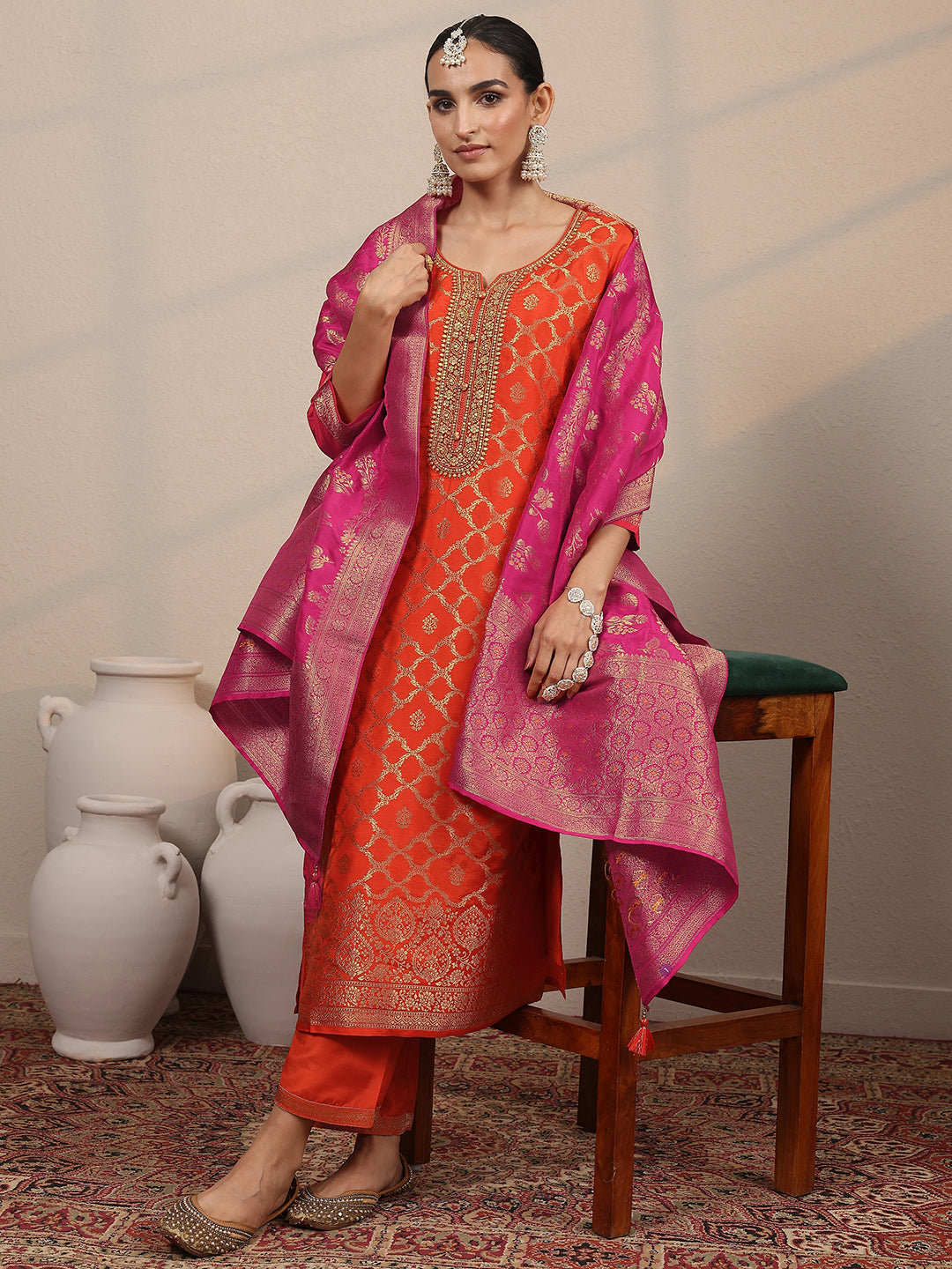 Libas Art Orange Woven Design Silk Blend Straight Suit Set With Dupatta