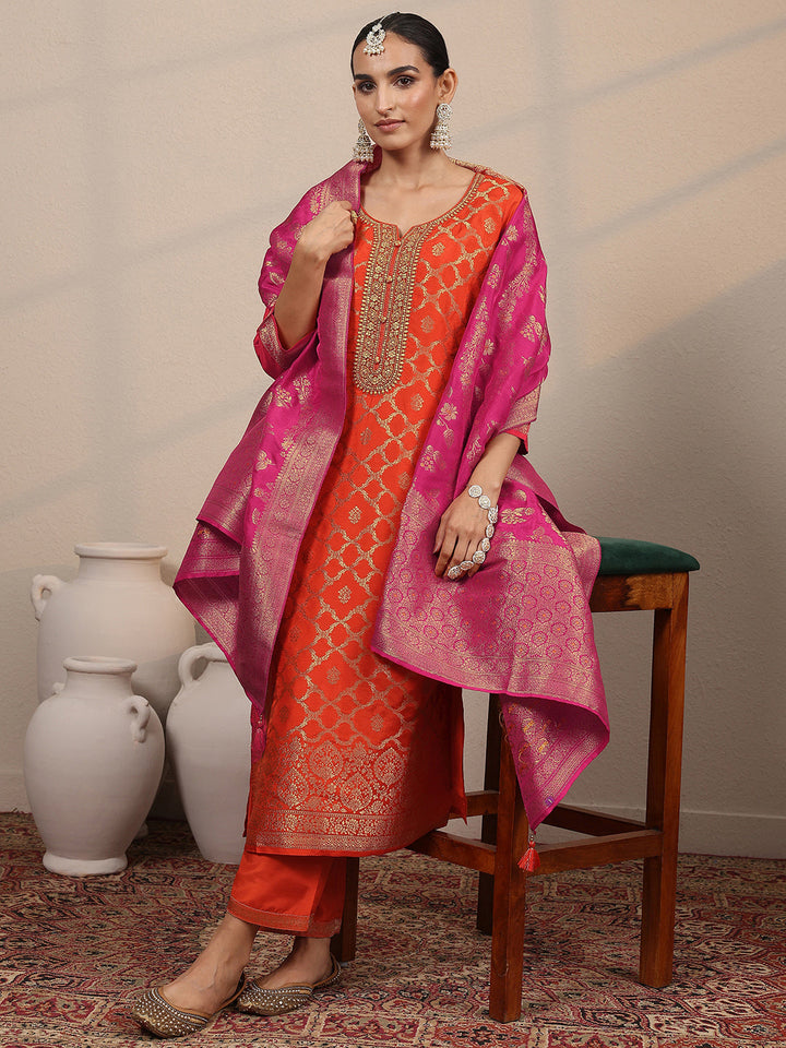 Libas Art Orange Woven Design Silk Blend Straight Suit Set With Dupatta