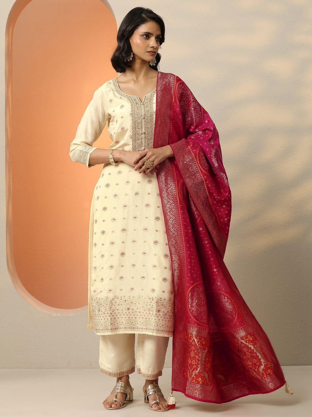 Libas Art Cream Woven Design Silk Blend Straight Suit Set With Dupatta