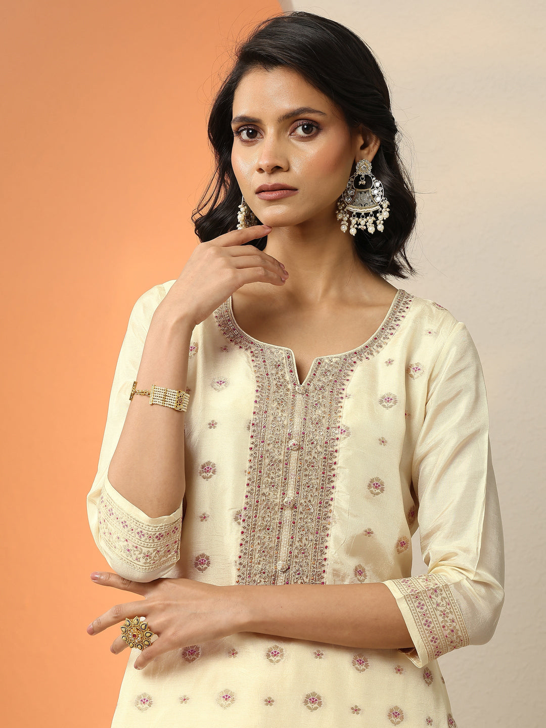 Libas Art Cream Woven Design Silk Blend Straight Suit Set With Dupatta