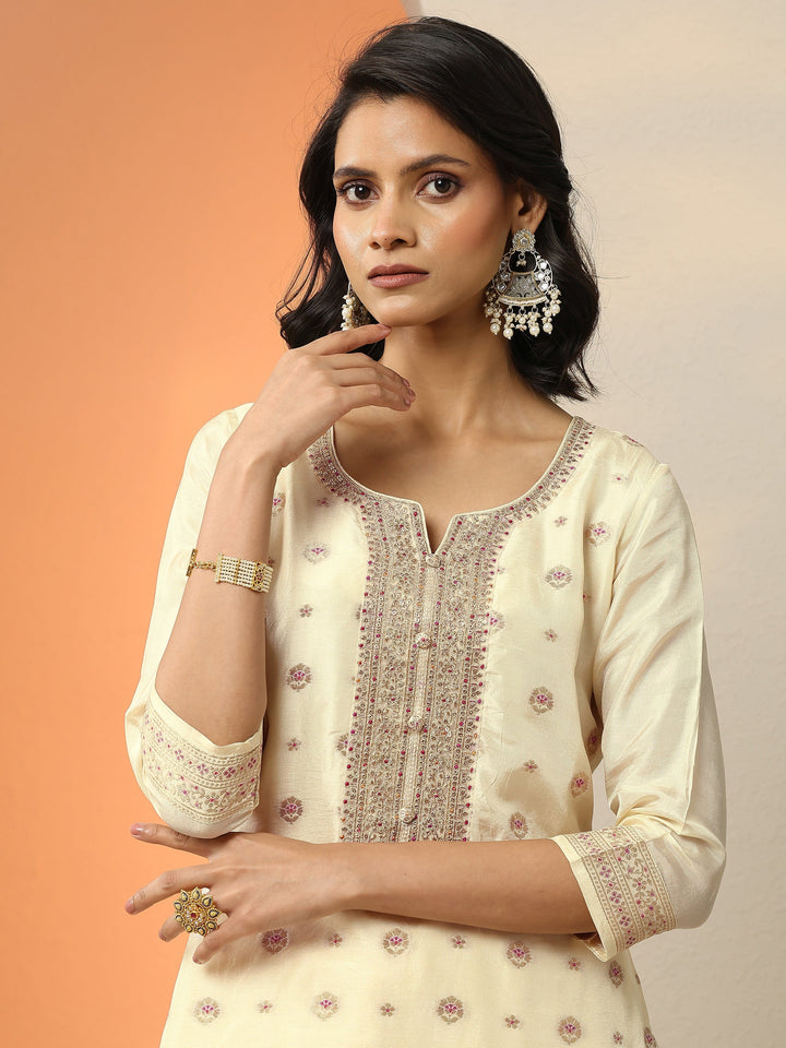 Libas Art Cream Woven Design Silk Blend Straight Suit Set With Dupatta