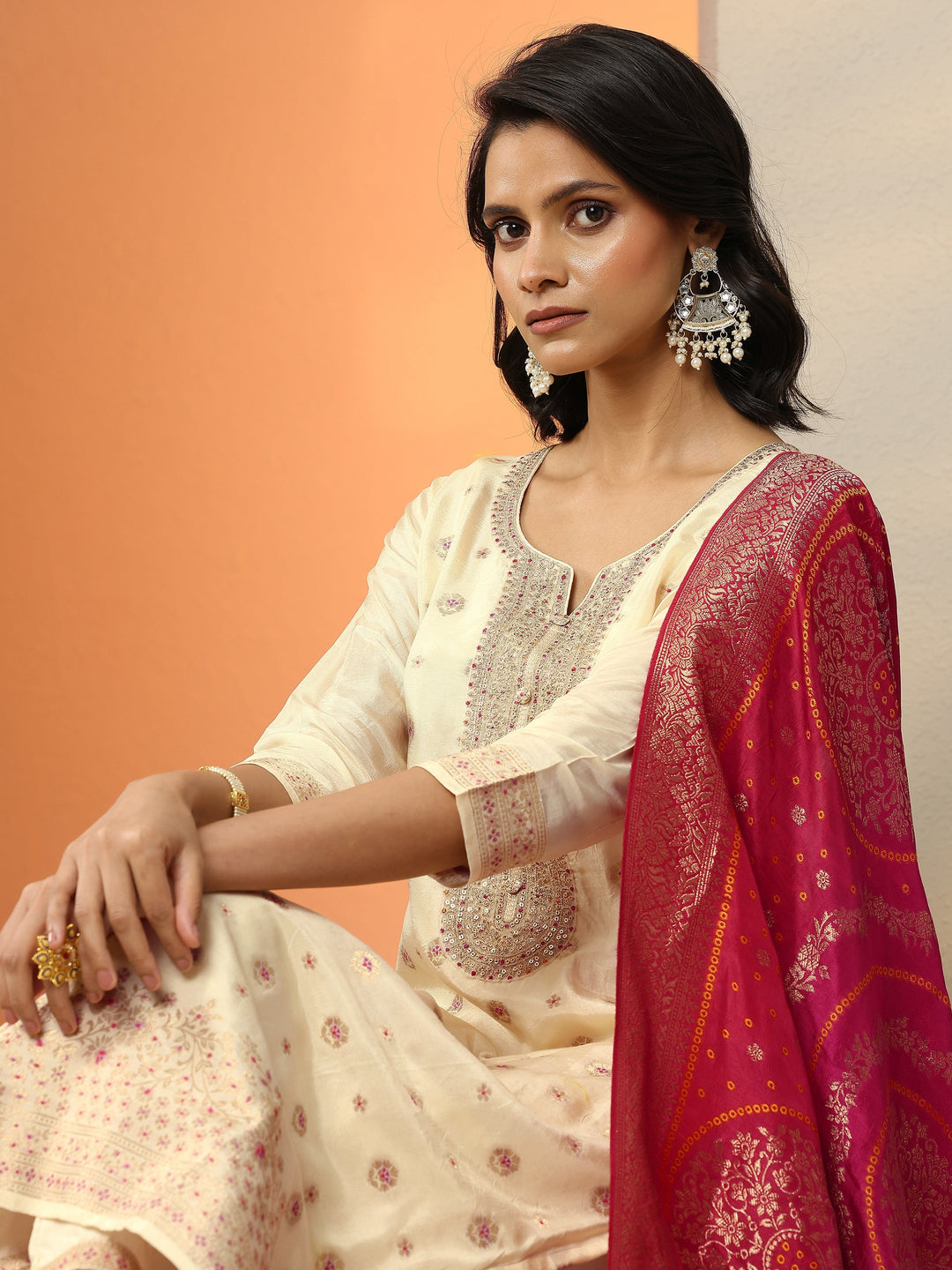 Libas Art Cream Woven Design Silk Blend Straight Suit Set With Dupatta