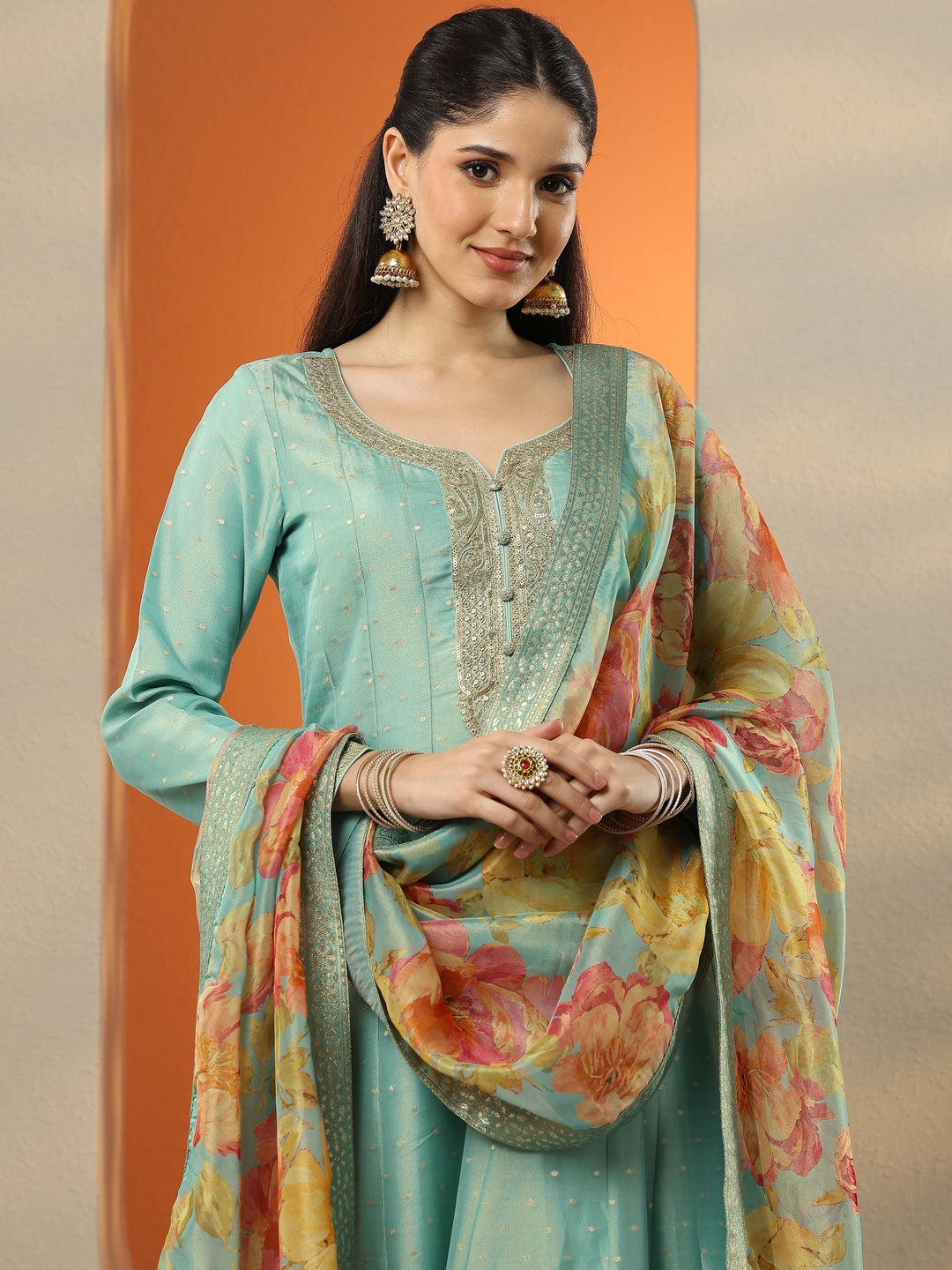 Libas Art Blue Embroidered Silk Blend Anarkali Suit Set With Dupatta