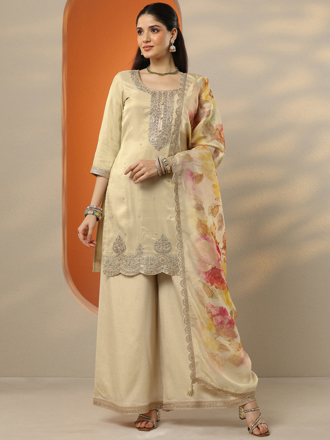 Libas Art Cream Embroidered Silk Blend Straight Suit Set With Dupatta