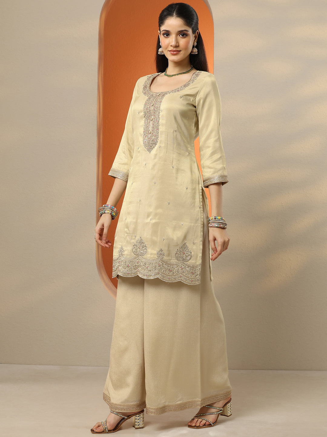 Libas Art Cream Embroidered Silk Blend Straight Suit Set With Dupatta