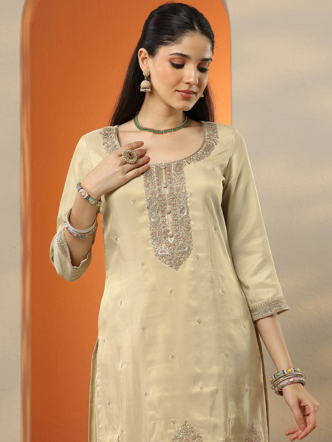 Libas Art Cream Embroidered Silk Blend Straight Suit Set With Dupatta