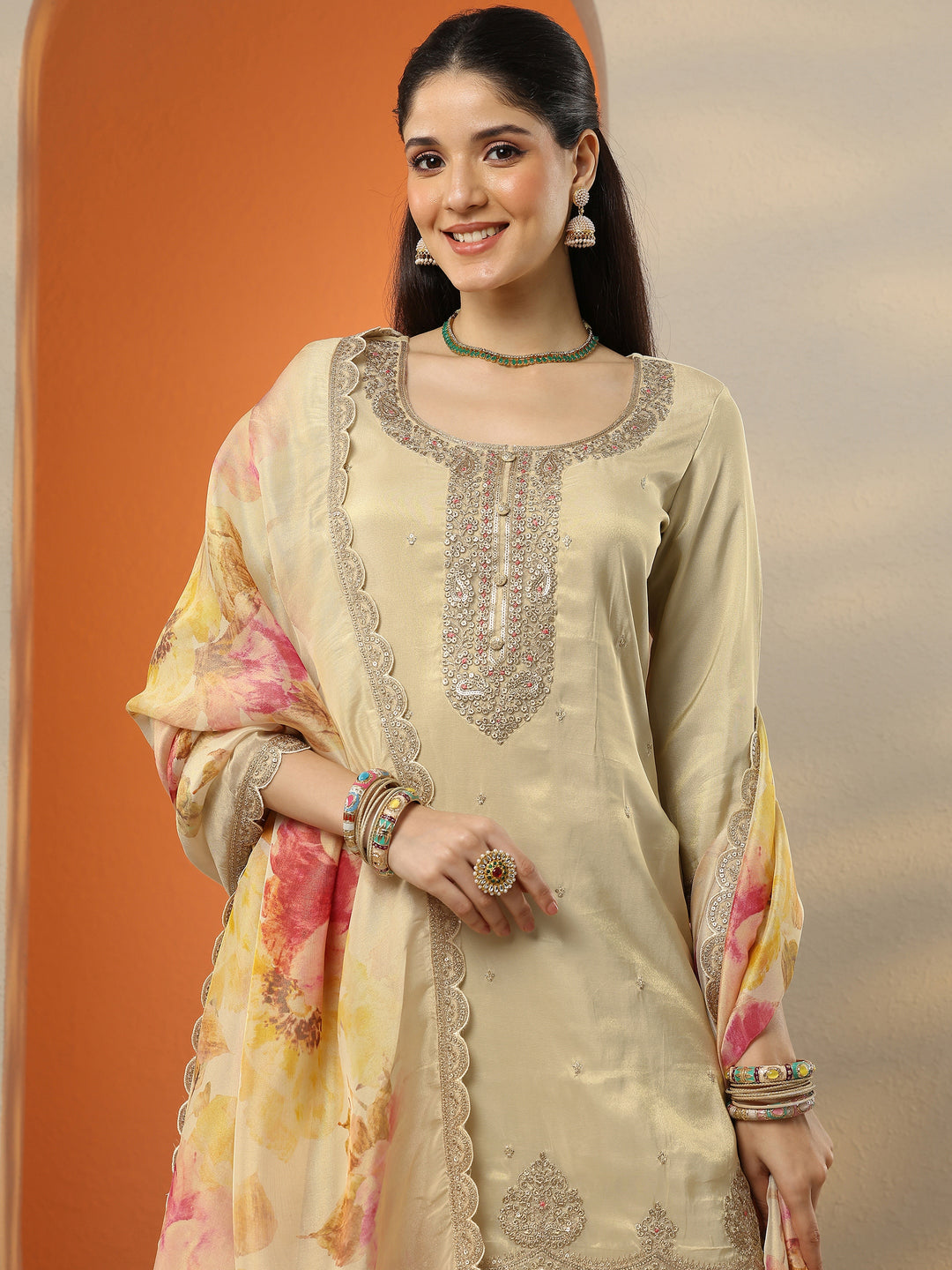 Libas Art Cream Embroidered Silk Blend Straight Suit Set With Dupatta