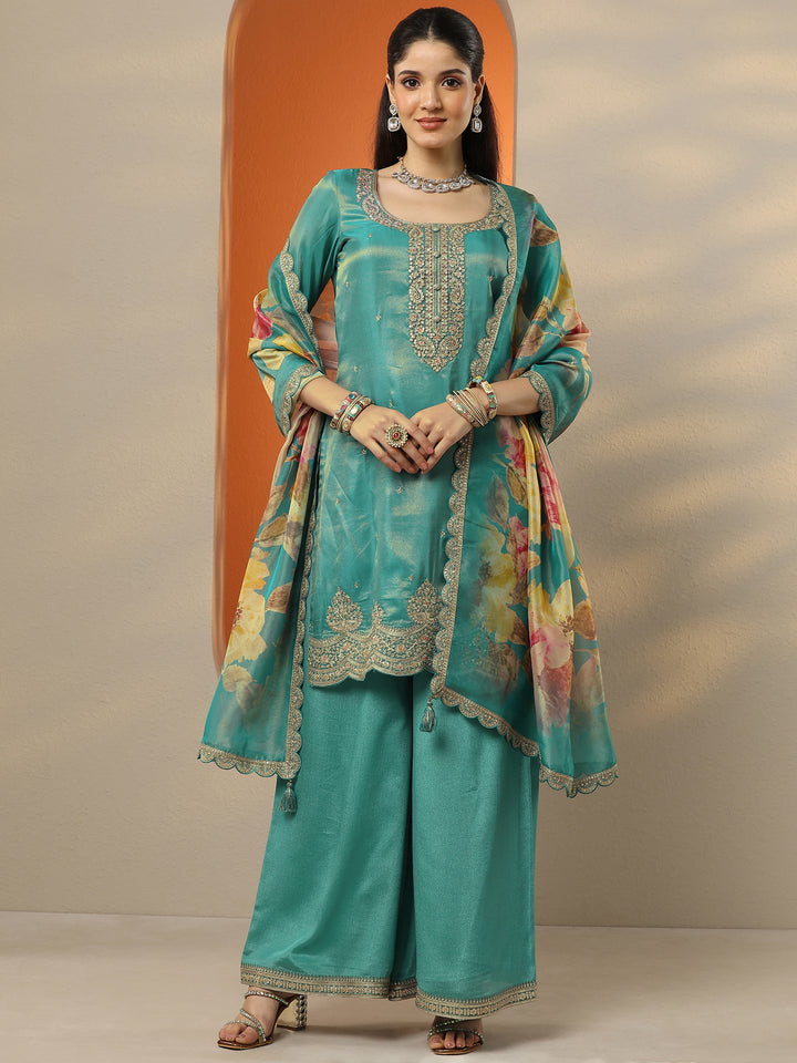 Libas Art Blue Embroidered Silk Blend Straight Suit Set With Dupatta