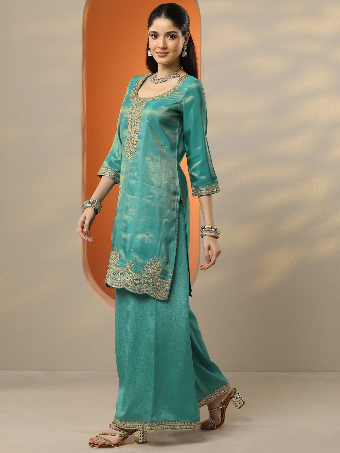 Libas Art Blue Embroidered Silk Blend Straight Suit Set With Dupatta