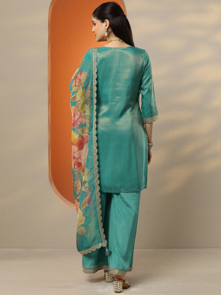 Libas Art Blue Embroidered Silk Blend Straight Suit Set With Dupatta