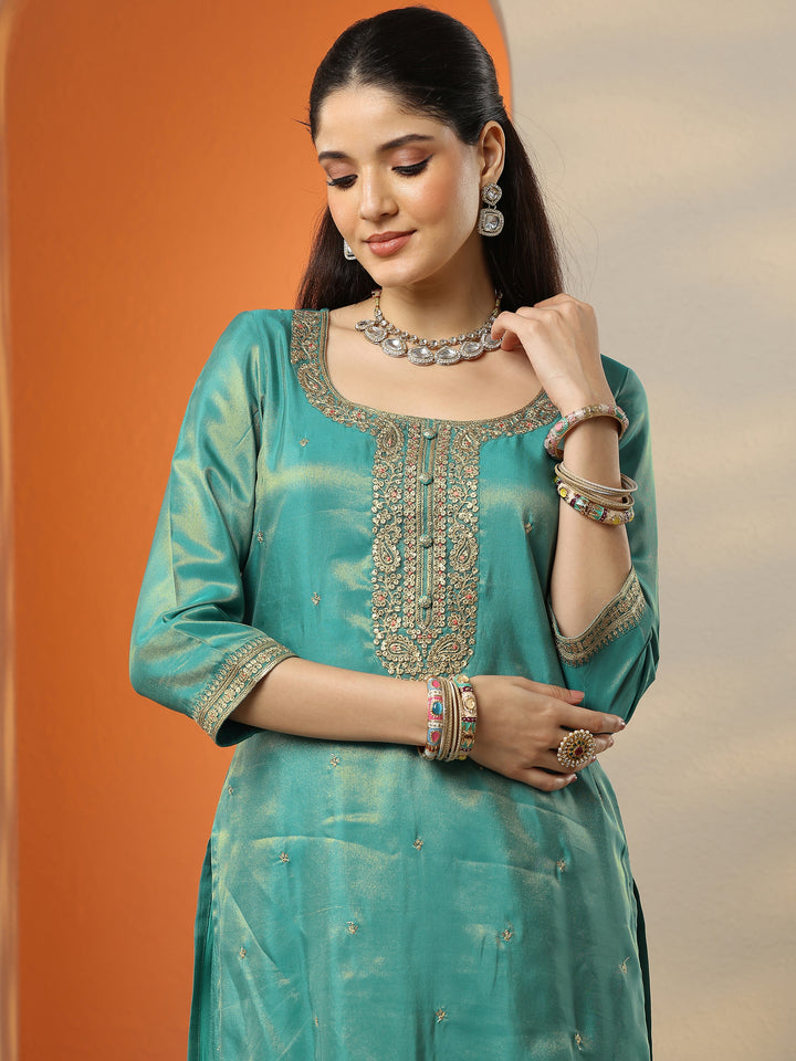 Libas Art Blue Embroidered Silk Blend Straight Suit Set With Dupatta