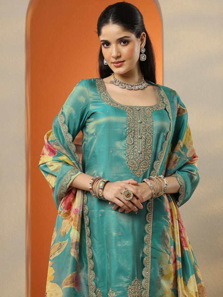 Libas Art Blue Embroidered Silk Blend Straight Suit Set With Dupatta