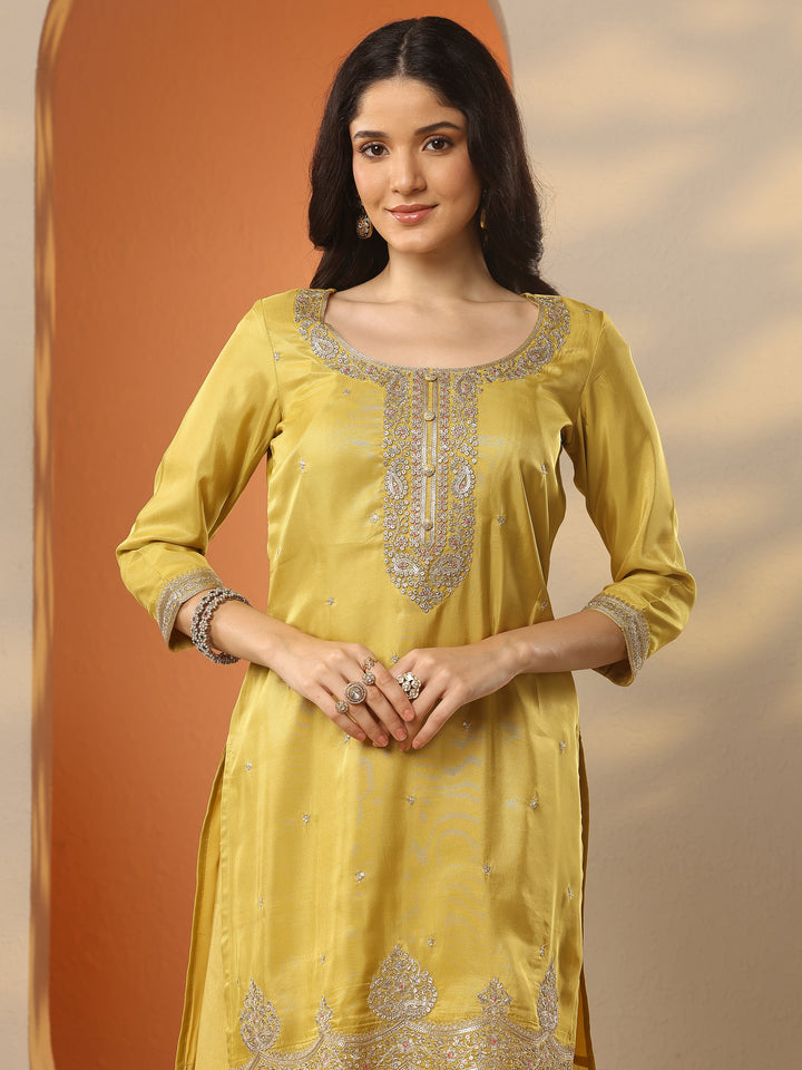 Libas Art Yellow Embroidered Silk Blend Straight Suit Set With Dupatta