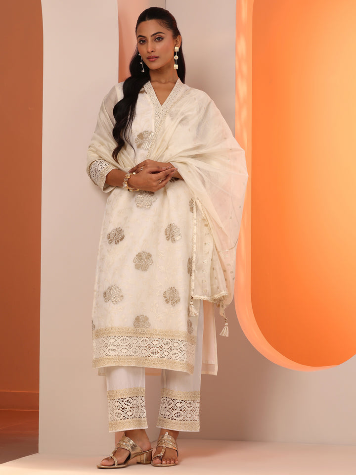 Libas Art Off White Embroidered Silk Blend Straight Suit Set With Dupatta